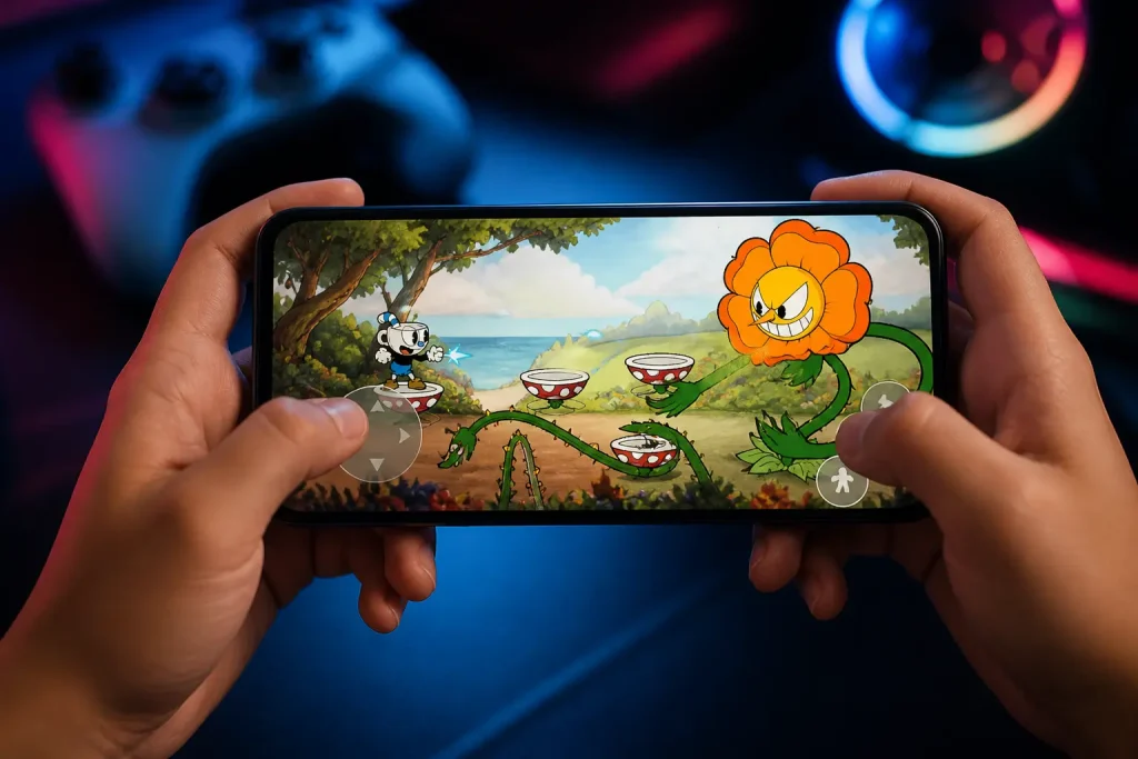 Person playing Cuphead style game on smartphone